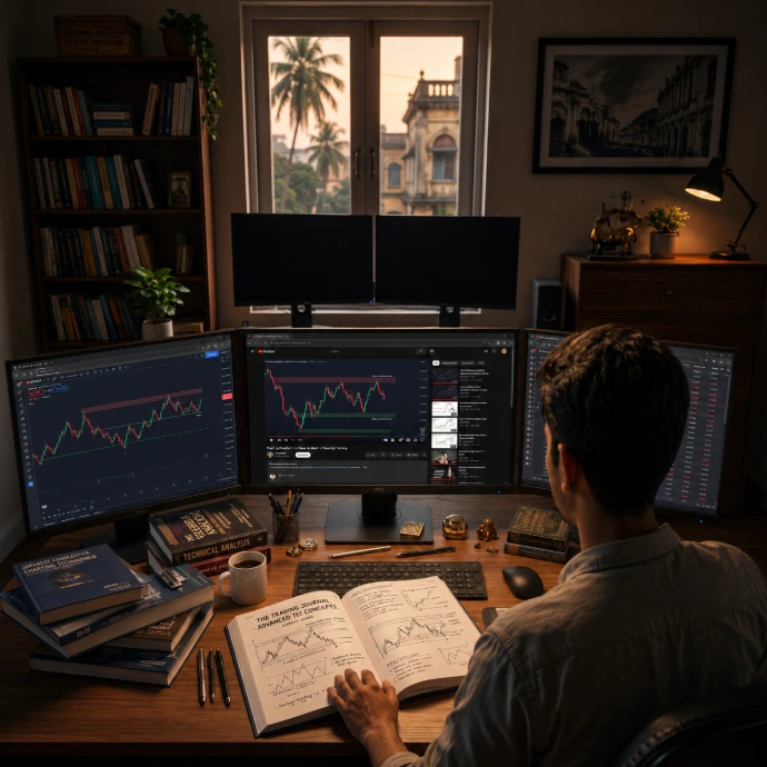 Trader reviewing market charts at a professional trading desk.