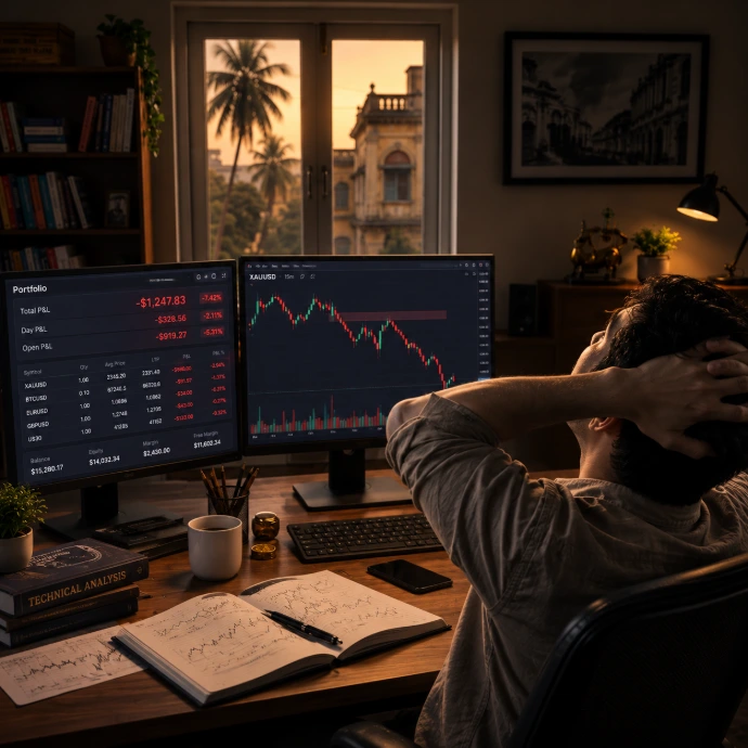 Trader reviewing market charts at a professional trading desk.